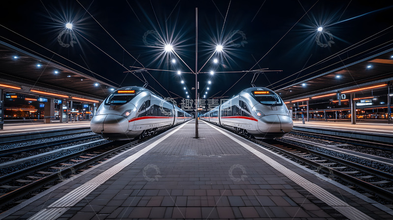 高清大图下载【趣麦麦图】夜晚灯光照耀的车站轨道城市夜景铁路风貌