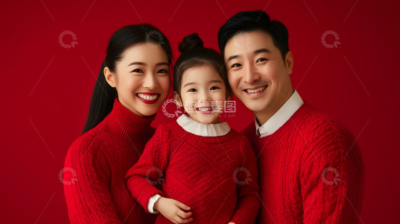 父母与孩子红色背景合影蛇年新年温馨氛围