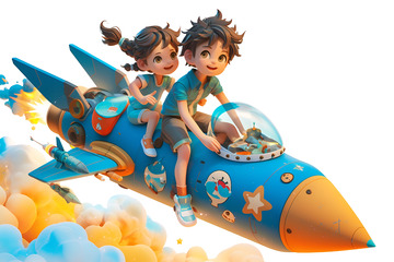 两个坐着火箭的小孩