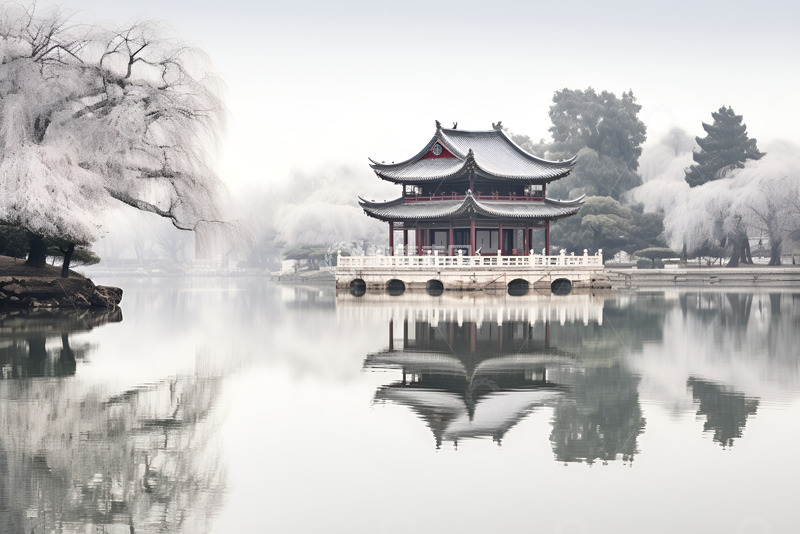 高清大图下载【趣麦麦图】冬季里的湖中凉亭