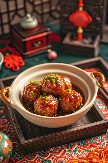 红烧狮子头美食摄影图