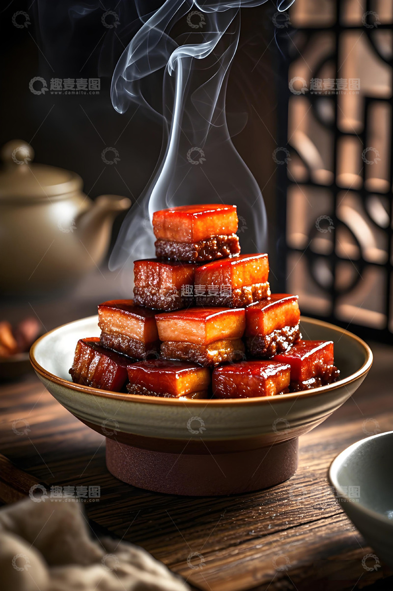 高清大图下载【趣麦麦图】一碗堆叠整齐的红烧肉块摄影图