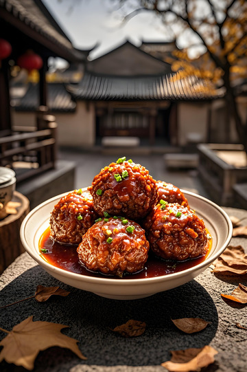 四合院桌子上放的一盘红烧丸子摄影图