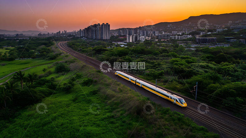 高清大图下载【趣麦麦图】黄昏中的乡间铁路列车驶向远方