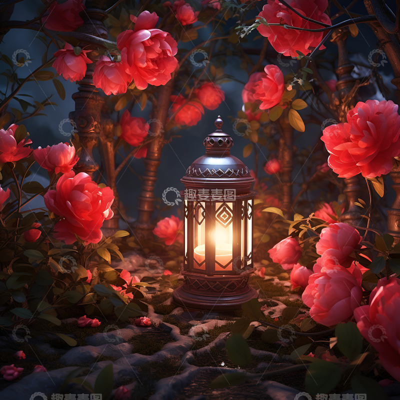高清大图下载【趣麦麦图】鲜花丛中的煤油灯