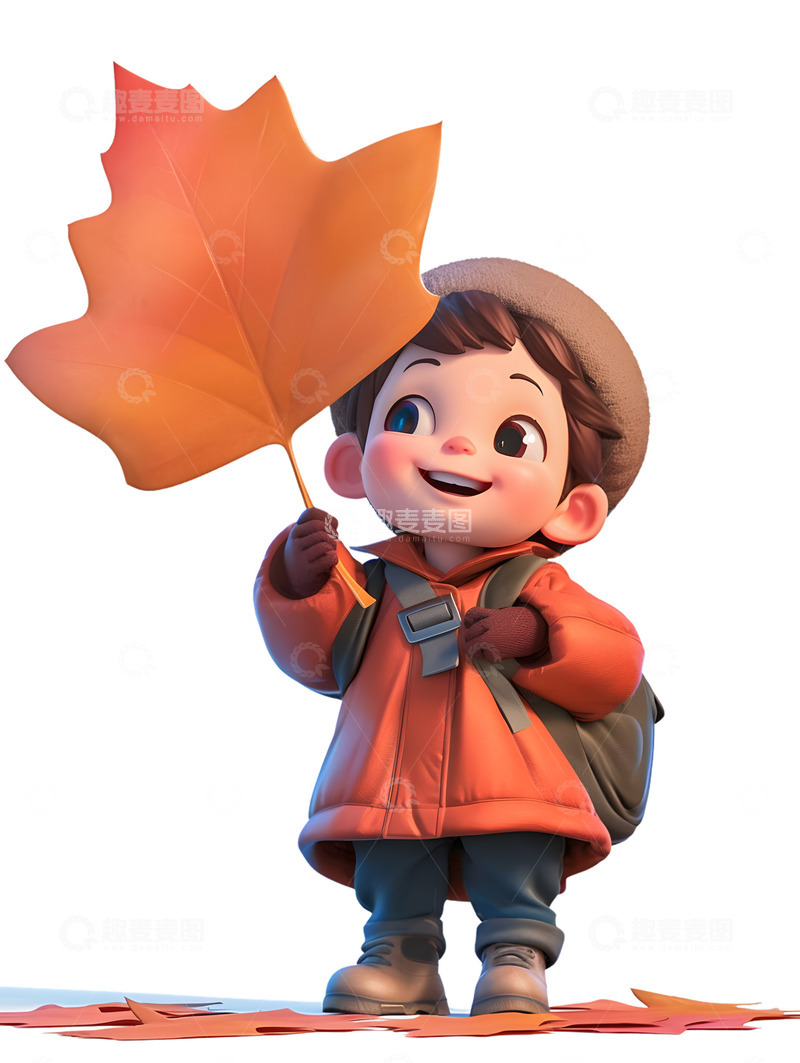 高清大图下载【趣麦麦图】可爱的男孩枫叶