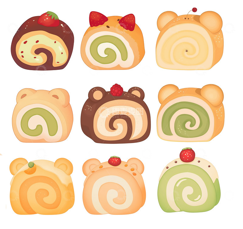 高清大图下载【趣麦麦图】手绘可爱甜品瑞士卷插画