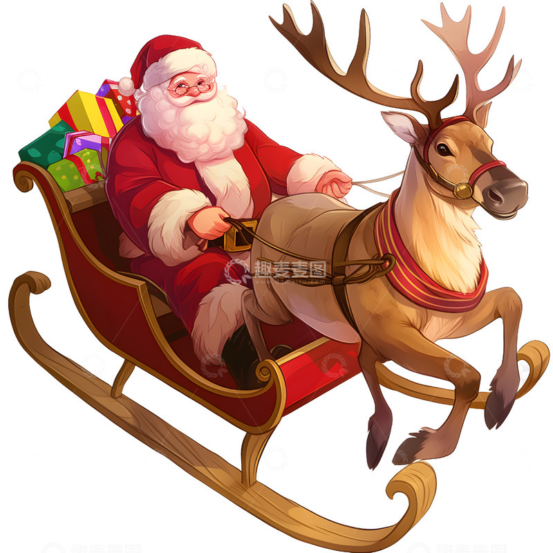 高清大图下载【趣麦麦图】驾驭雪橇的圣诞老人与驯鹿圣诞夜奇迹