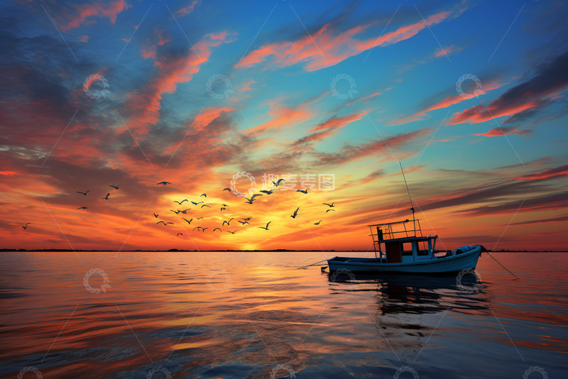 高清大图下载【趣麦麦图】黄昏下的大海与孤船