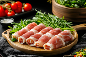 一盘新鲜牛肉卷