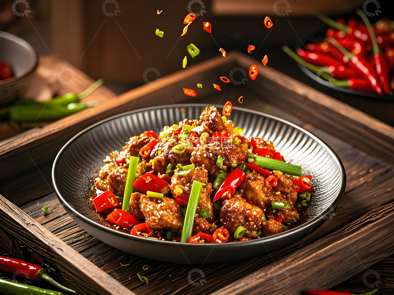 高清大图下载【趣麦麦图】撒辣椒的一盘香辣排骨美食摄影图