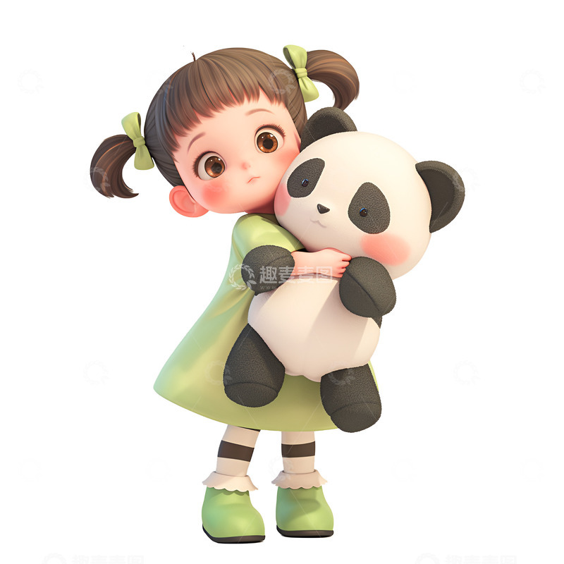 高清大图下载【趣麦麦图】卡通抱着熊猫玩具的小孩