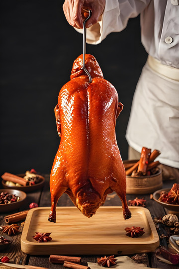 手拎烤鸭美食摄影图