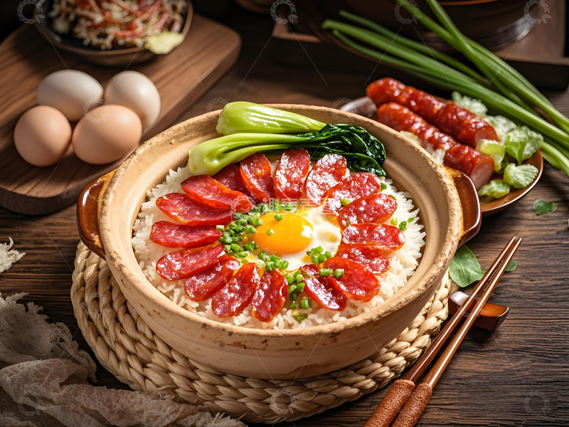 高清大图下载【趣麦麦图】粤菜腊肠煲仔饭美食摄影图