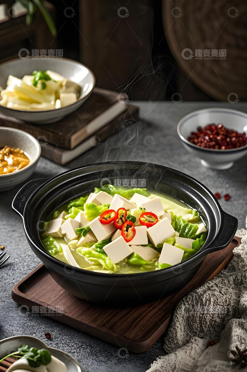 高清大图下载【趣麦麦图】白菜炖豆腐砂锅摄影图
