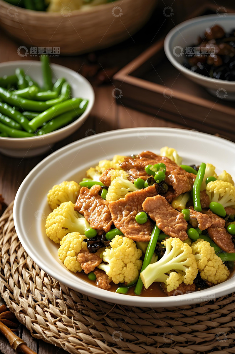 高清大图下载【趣麦麦图】家常菜之菜花炒肉片摄影图