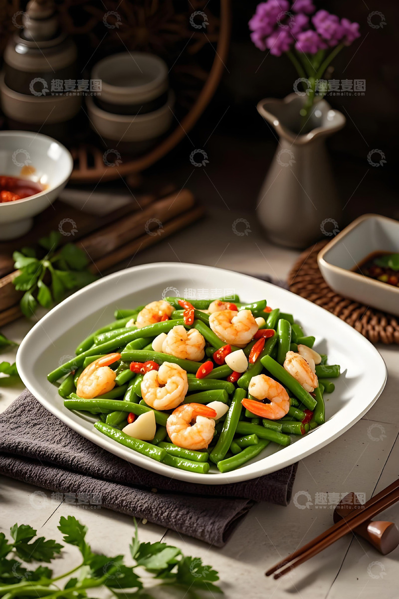 高清大图下载【趣麦麦图】豆角炒虾仁美食摄影图