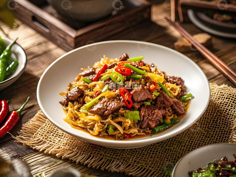 高清大图下载【趣麦麦图】酸菜炒牛肉美食摄影图