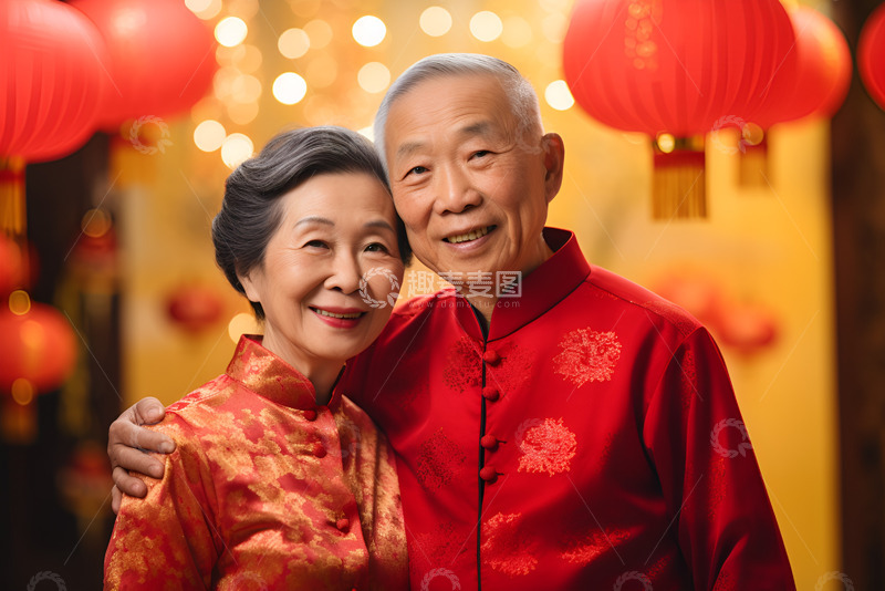 高清大图下载【趣麦麦图】穿着大红衣服的老年夫妻