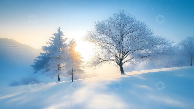 高清大图下载【趣麦麦图】冬日清晨阳光洒在雪地上自然静谧