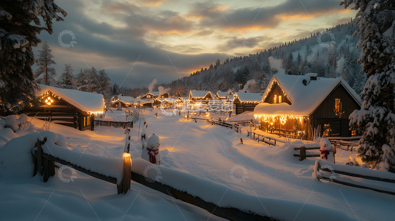 高清大图下载【趣麦麦图】晨光下的雪村冬日美景宁静温馨