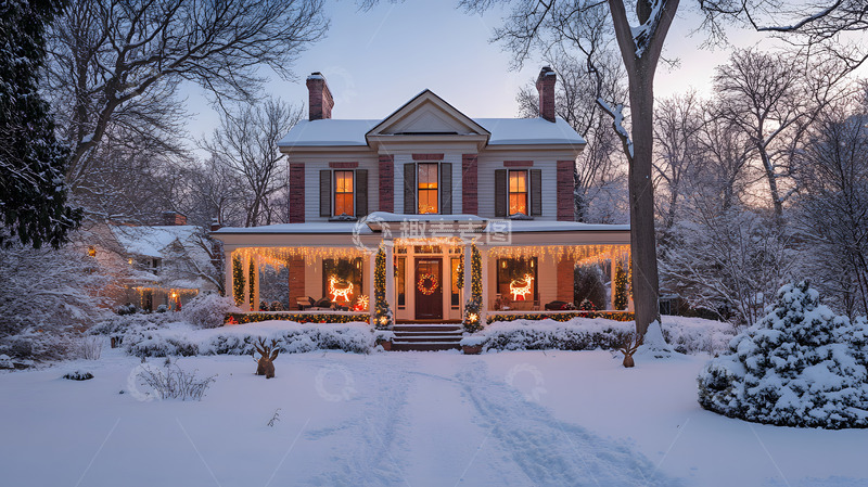 高清大图下载【趣麦麦图】冬季雪夜的木屋温馨灯光夜色浪漫