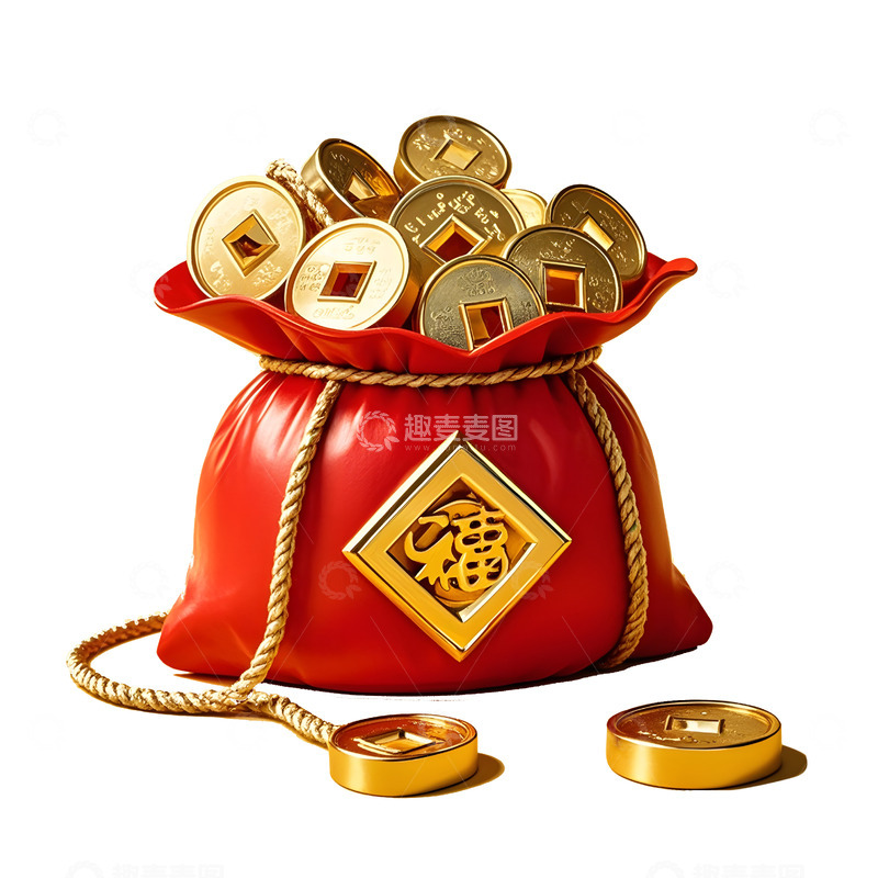 高清大图下载【趣麦麦图】装满金币的红色财富袋吉祥招财