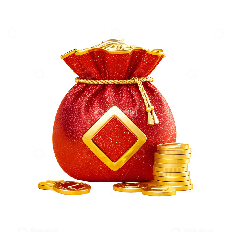 高清大图下载【趣麦麦图】红色金钱袋与金币年节吉祥物