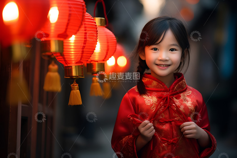 高清大图下载【趣麦麦图】新年穿着大红新衣的小女孩