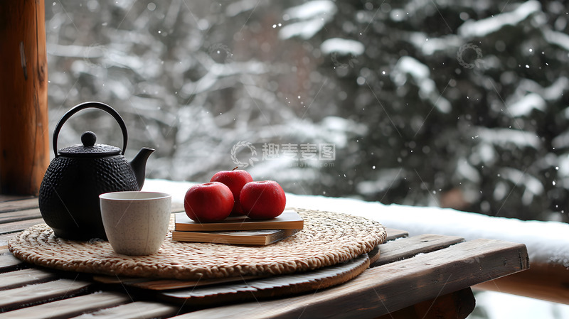 高清大图下载【趣麦麦图】冬日小屋窗外雪景与红苹果温馨宁静