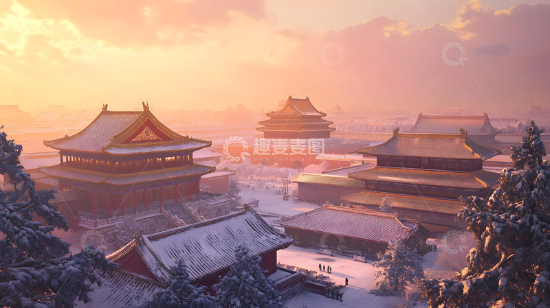 夕阳映照下的雪景古建筑群温暖冬日余晖