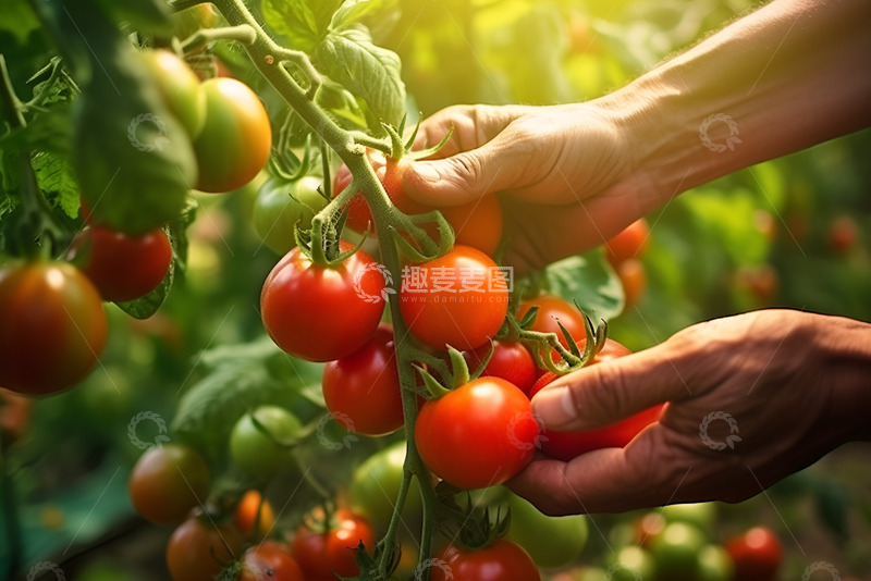 高清大图下载【趣麦麦图】大棚里摘西红柿