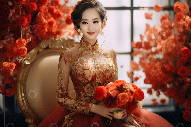 高清大图下载【趣麦麦图】穿着大红色喜服的新娘
