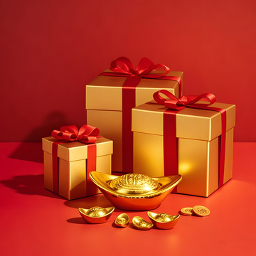 金元宝与礼盒摆件红色背景下的财富象征