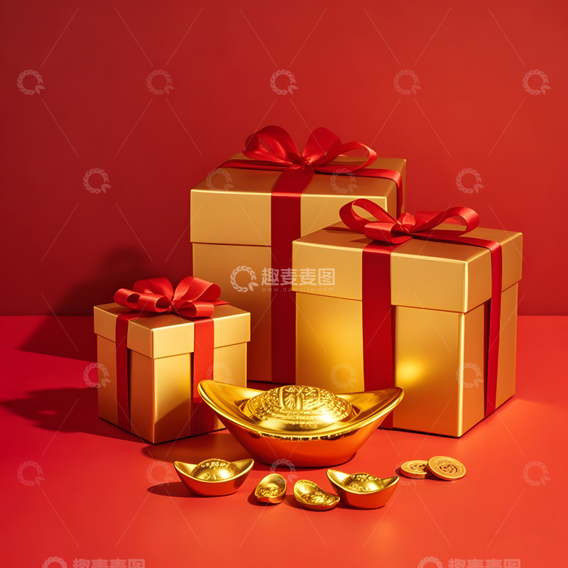 高清大图下载【趣麦麦图】金元宝与礼盒摆件红色背景下的财富象征