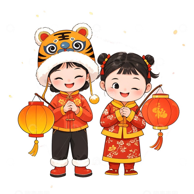 高清大图下载【趣麦麦图】传统服饰的家庭拜年插画新年欢乐