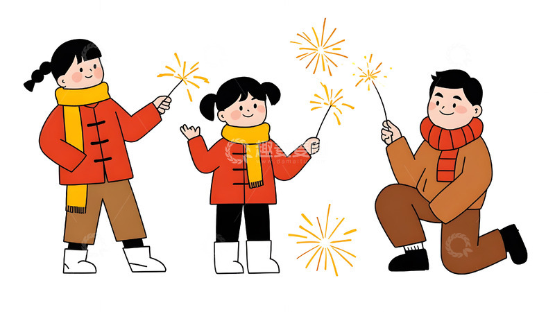 高清大图下载【趣麦麦图】小朋友们放烟花欢度新年