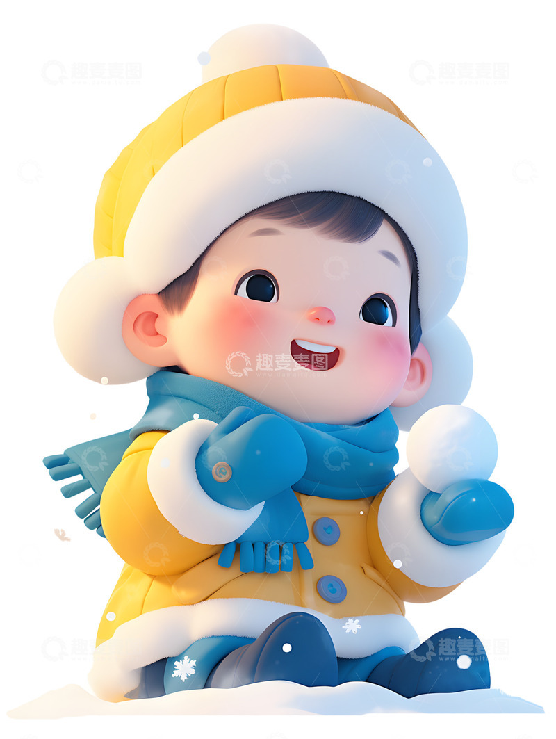 高清大图下载【趣麦麦图】冬季雪人小孩可爱玩雪
