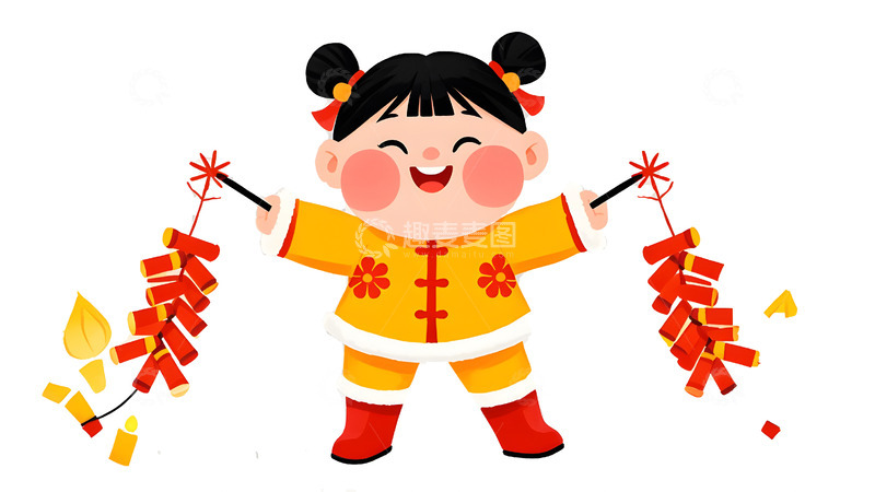 高清大图下载【趣麦麦图】放炮竹的小女孩庆祝新年