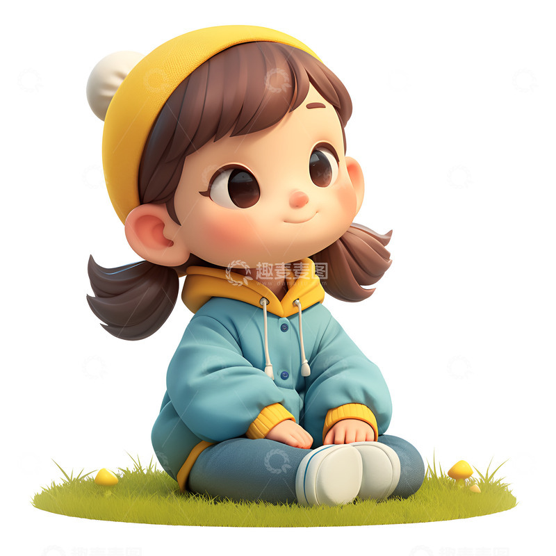 高清大图下载【趣麦麦图】卡通坐在草地上的女孩