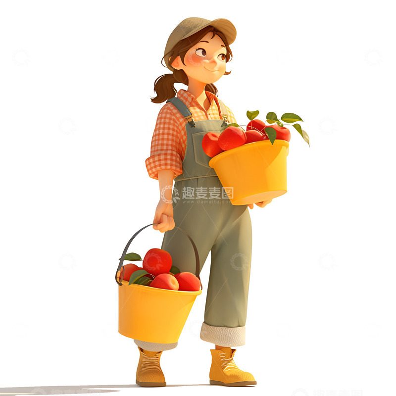 高清大图下载【趣麦麦图】卡通提着一筐苹果的女孩