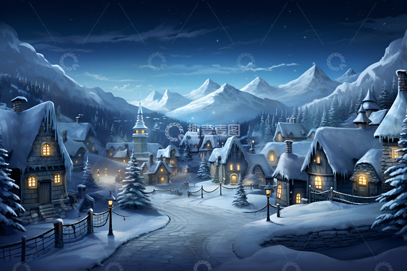 高清大图下载【趣麦麦图】卡通简约冰雪覆盖的城镇