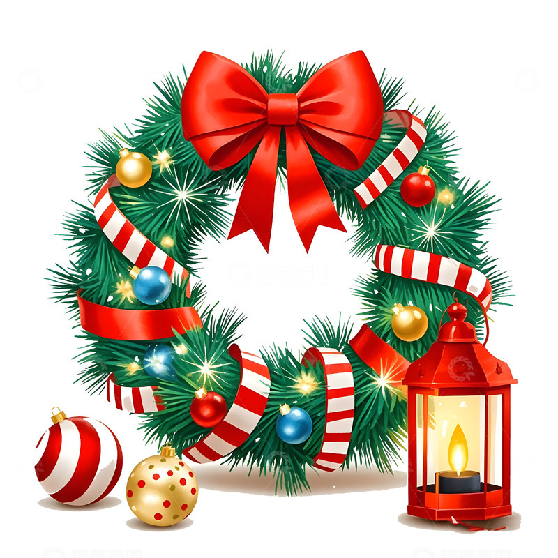 高清大图下载【趣麦麦图】灯笼与圣诞球装饰的圣诞花环新年喜庆