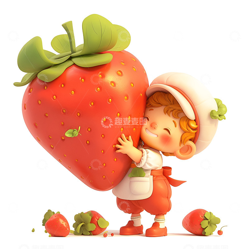 高清大图下载【趣麦麦图】卡通抱着一颗大草莓的小女孩