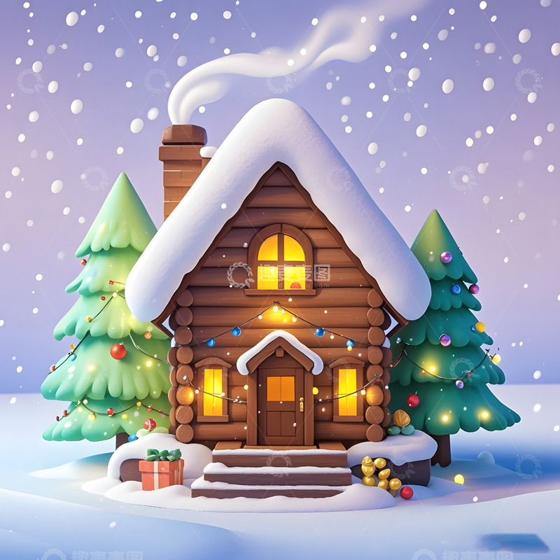 高清大图下载【趣麦麦图】圣诞节小屋圣诞树装饰品