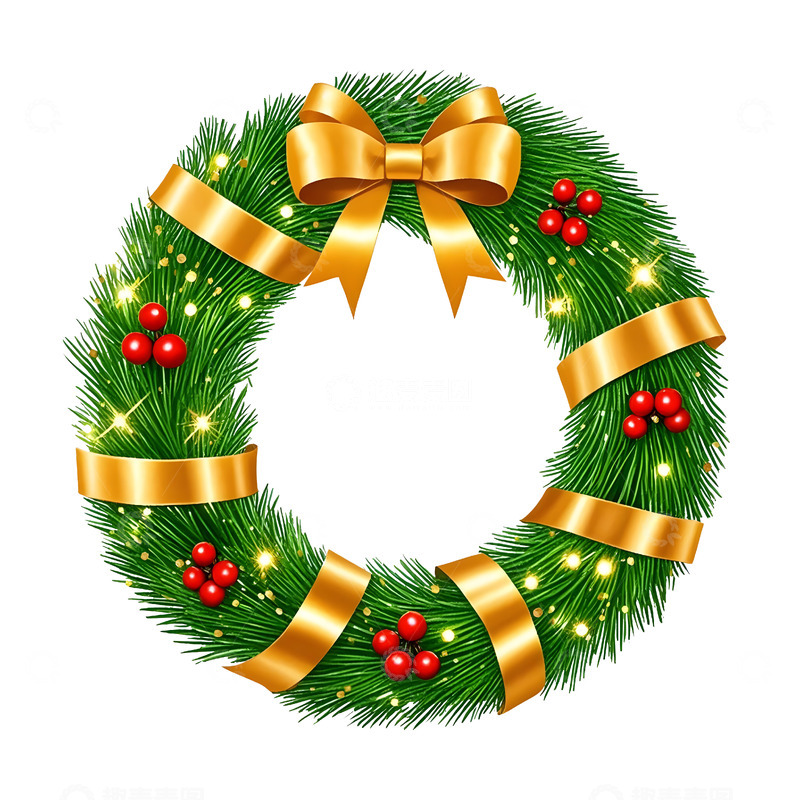 高清大图下载【趣麦麦图】金色缎带装饰的圣诞花环节日气氛