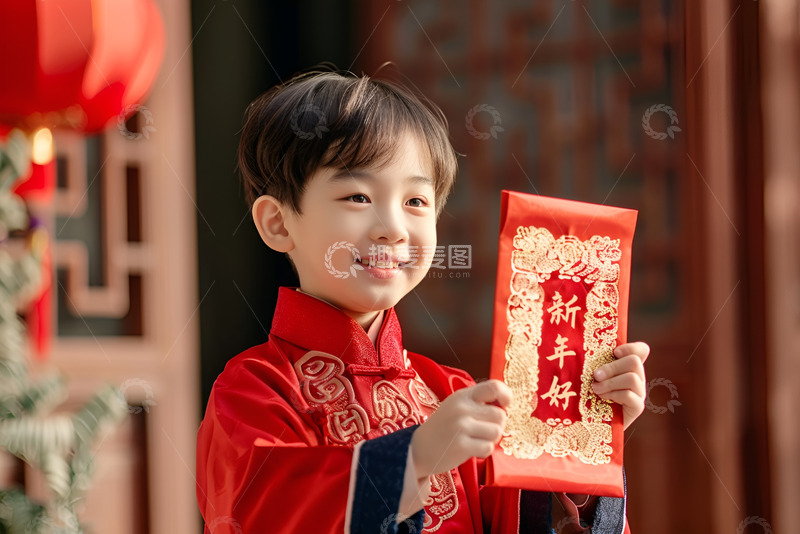 高清大图下载【趣麦麦图】新年拿着对联的小男孩