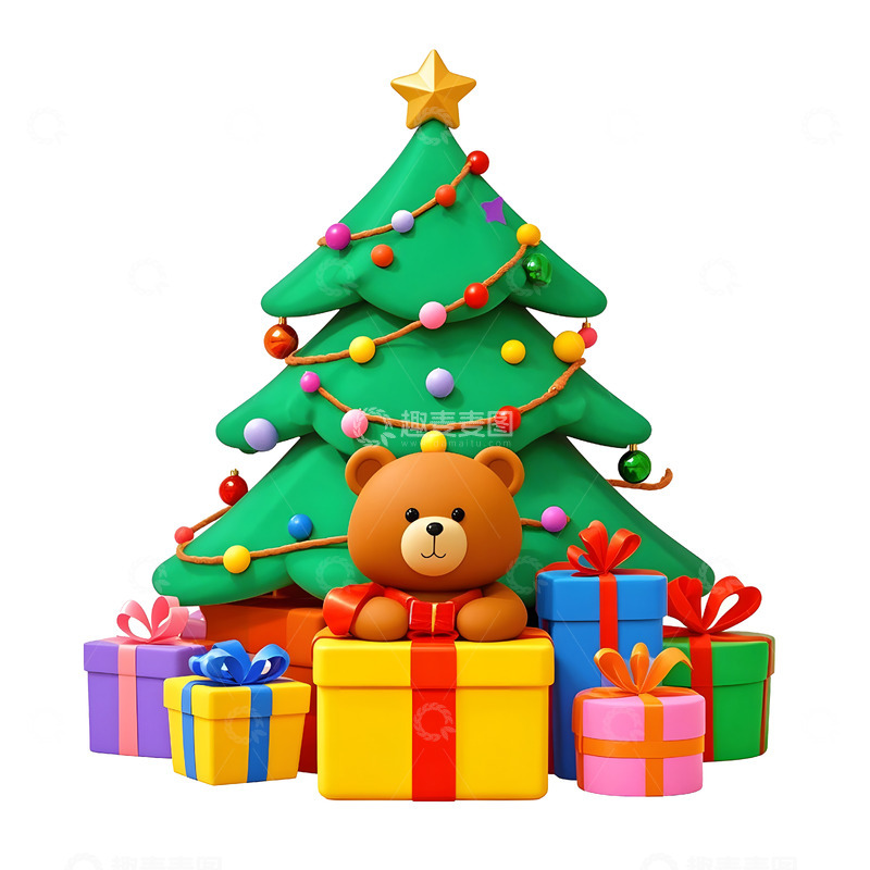 高清大图下载【趣麦麦图】圣诞树与礼物堆叠温馨节日气氛