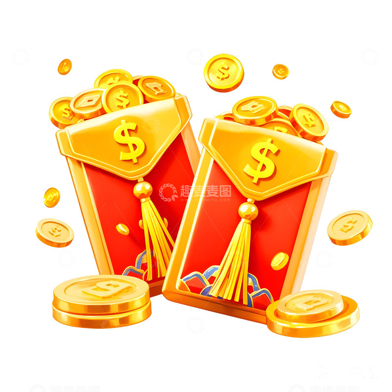 高清大图下载【趣麦麦图】双红包和金币新年好运财运