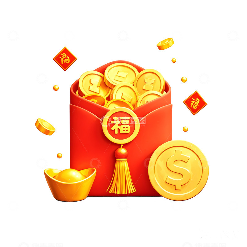 高清大图下载【趣麦麦图】金元宝与红包装饰财富象征